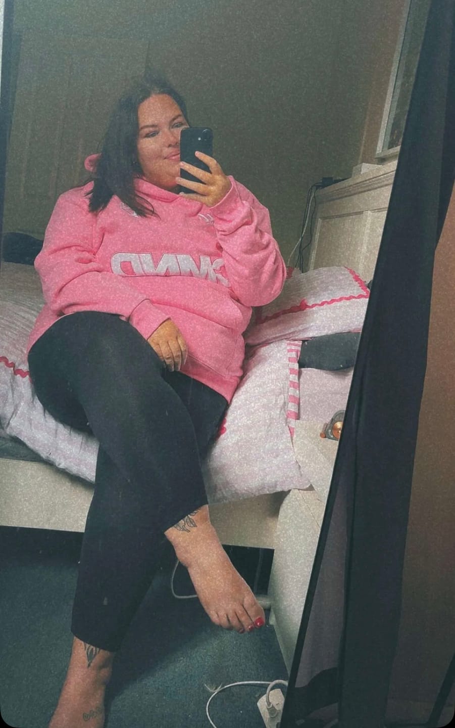 Customer photo review of PINK/WHITE OVERSIZED CLUB JERSEY HOODIE