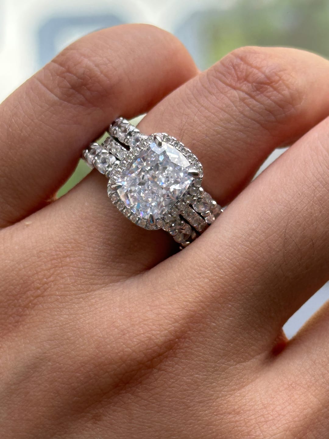 Customer photo review of S925 Gorgeous Halo 4.0Ct Cushion Cut Women's Wedding Set In Sterling Silver