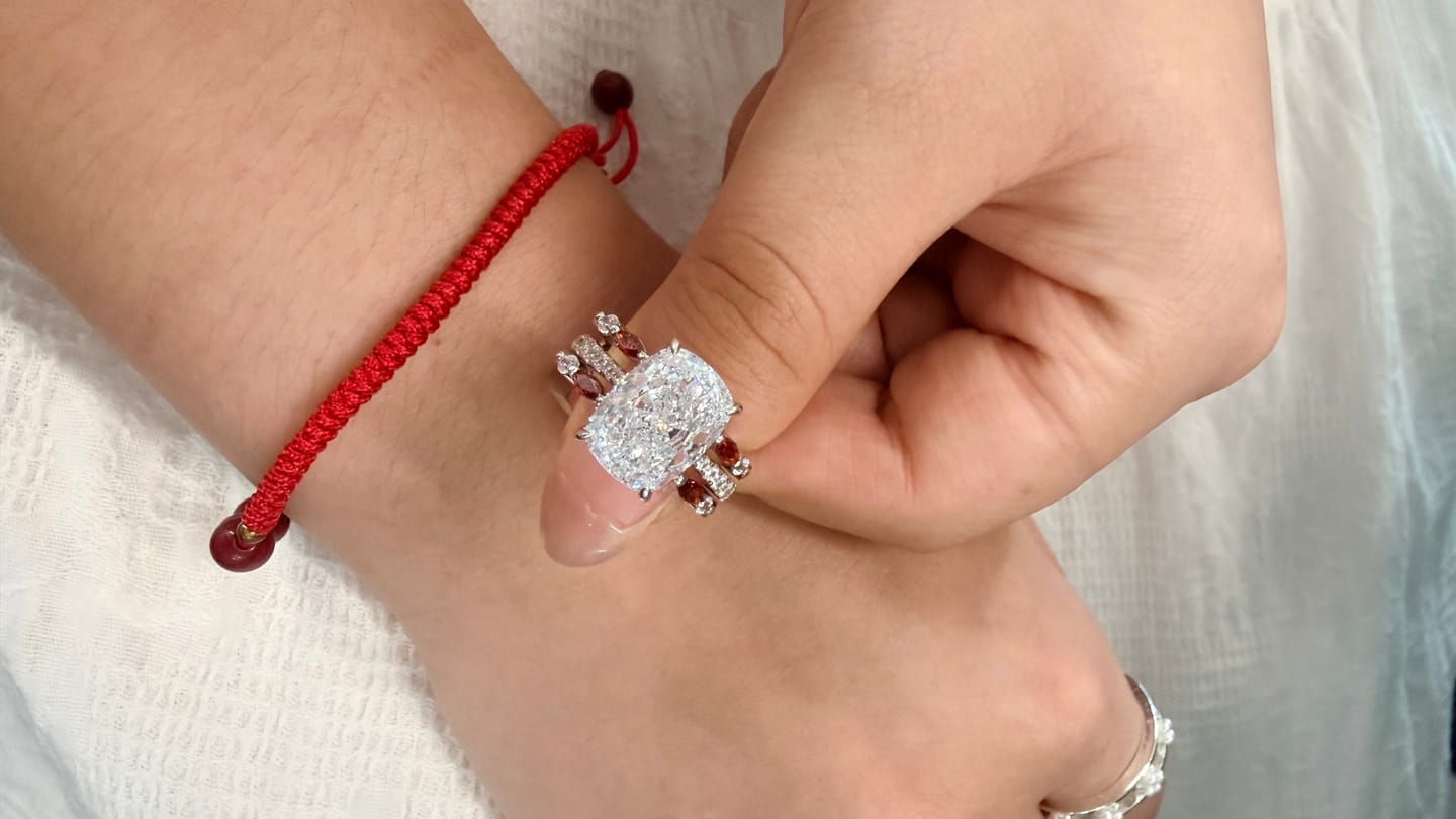 Customer photo review of S925 6.5Ct Cushion Cut Insert Wedding Ring Set With Unique White & Blue/Red Stone Engagement Ring Enhancer