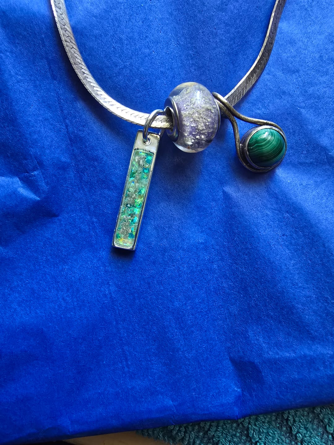 Customer photo review of Opal Bar Pendant with Cremation Ash - Engravable