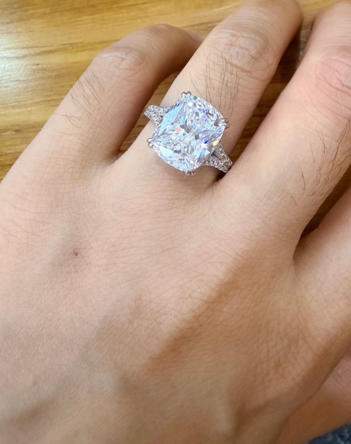 Customer photo review of S925 7.0Ct/4.0Ct Split Shank Cushion Cut Engagement Ring 18K White Gold Plated Travel Rings with Pavé Accents