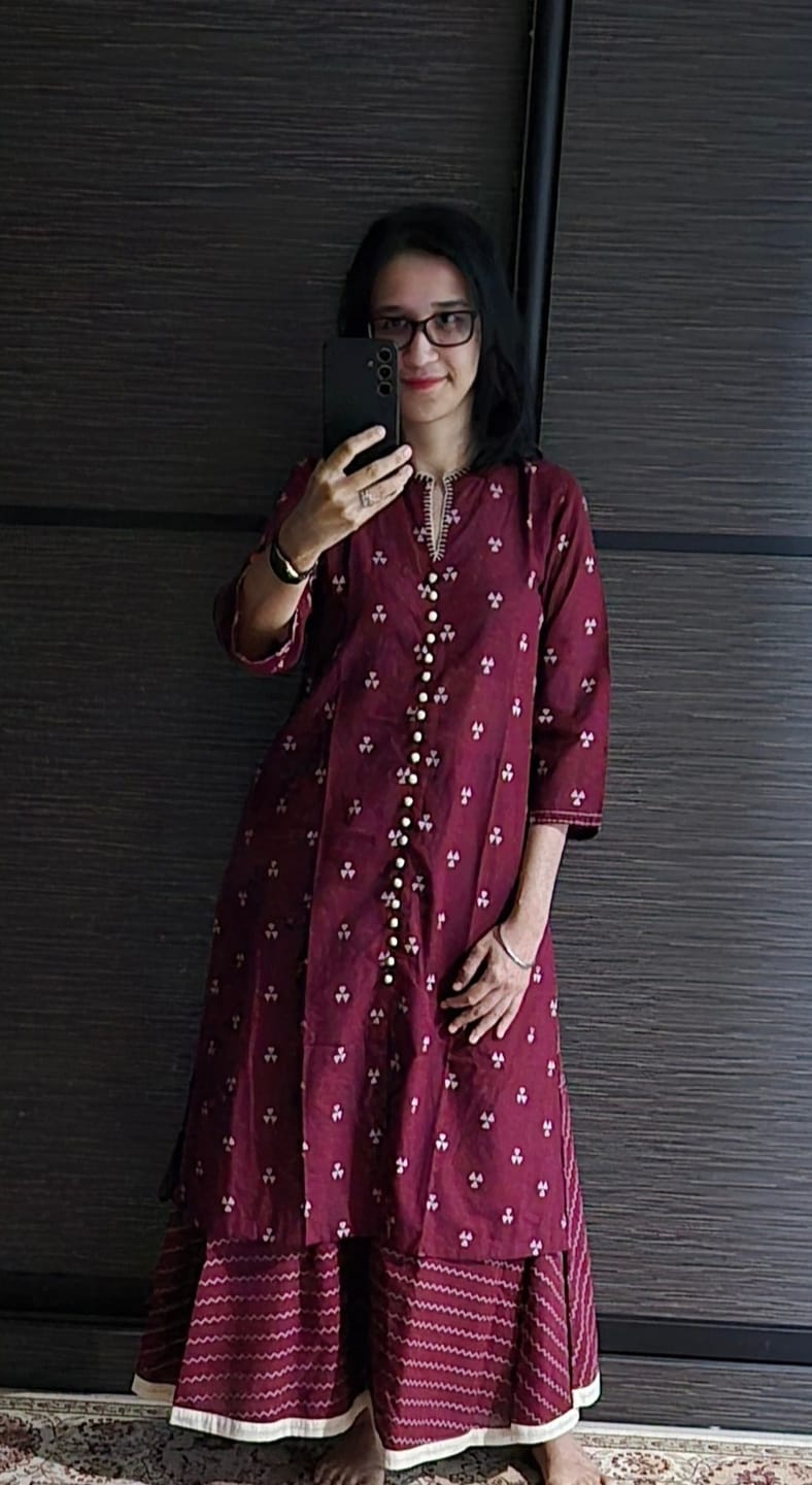 Customer photo review of Co ord Set Maroon Tri-Petal Cotton Button Down Kurta with Flared Skirt