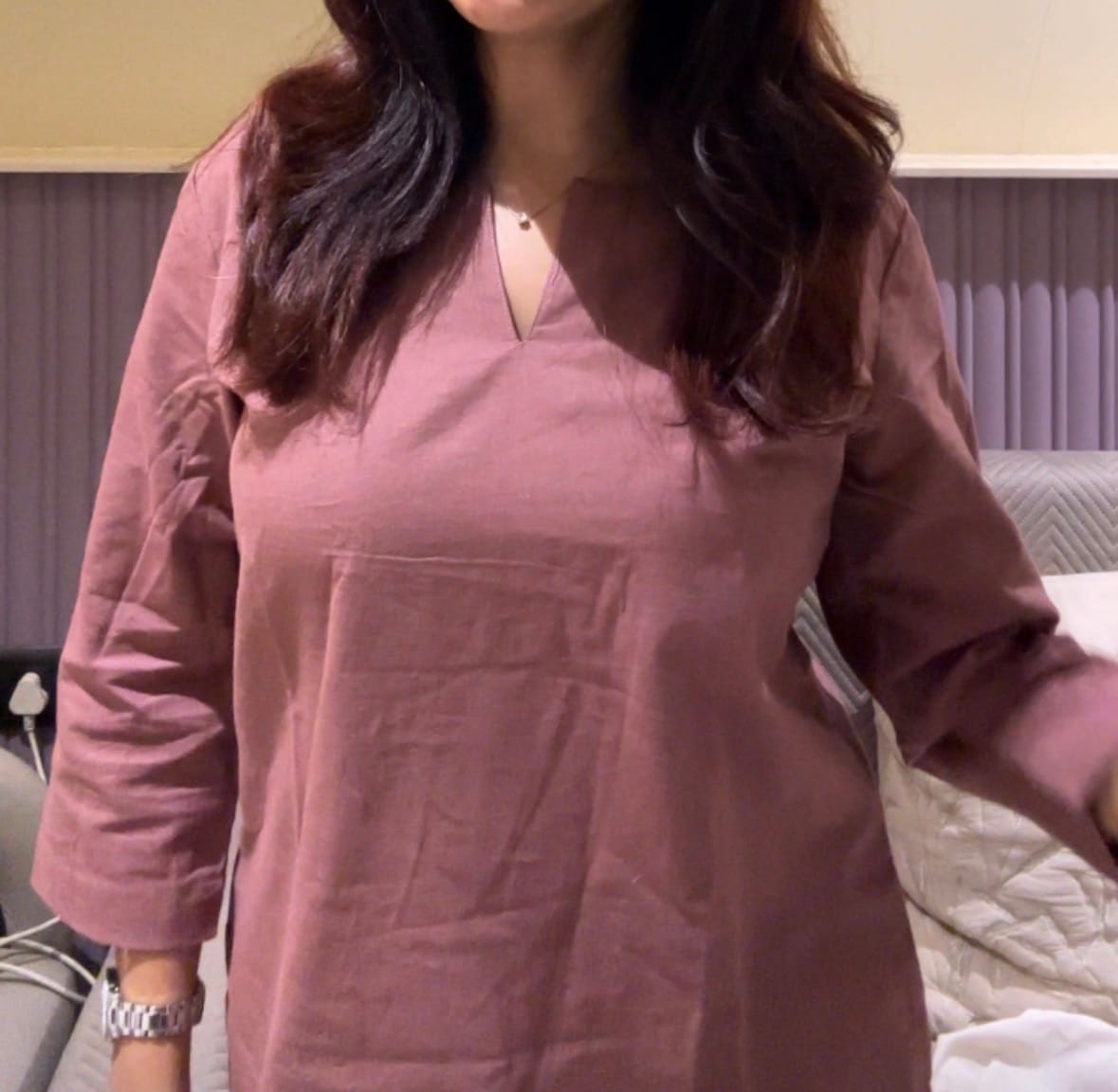 Customer photo review of Women Rose Taupe Airy Linen Split Neck Short Kurta