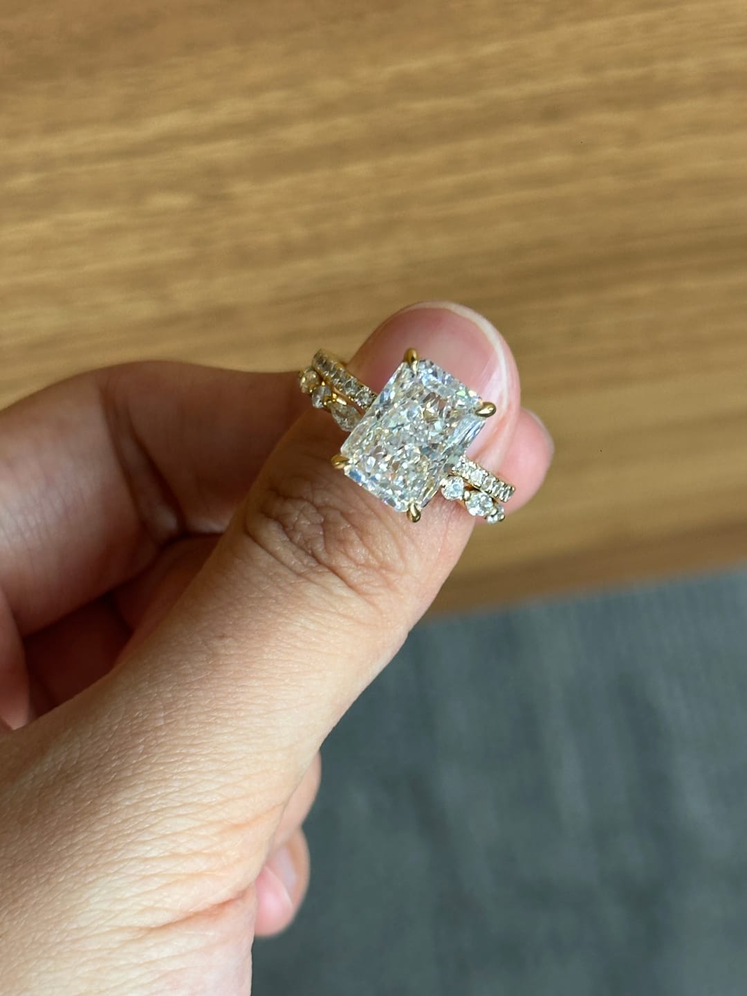 Customer photo review of S925 4.5Ct Radiant Cut Hidden Halo Wedding Set Brilliance in Every Angle Stackable RIngs
