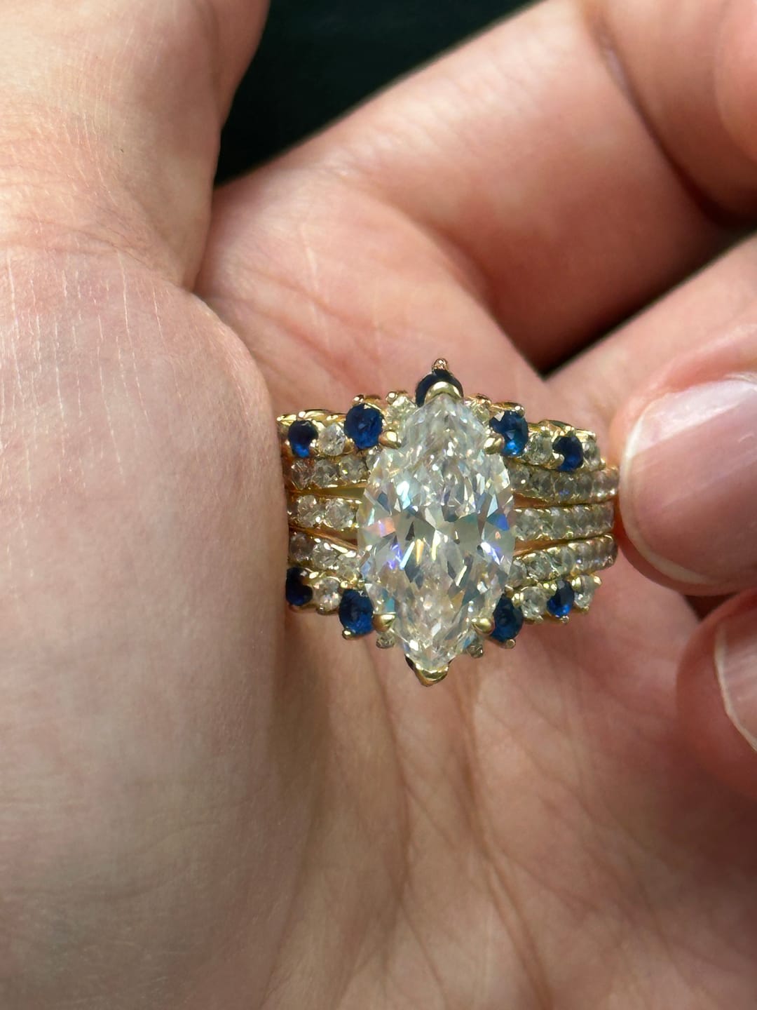 Customer photo review of S925 2PC 3.5Ct Marquise Cut Enhancer Wedding SetsHalf Enternity Yellow Gold Engagement Ring with Blue & White Stone Enhancer Wedding Band