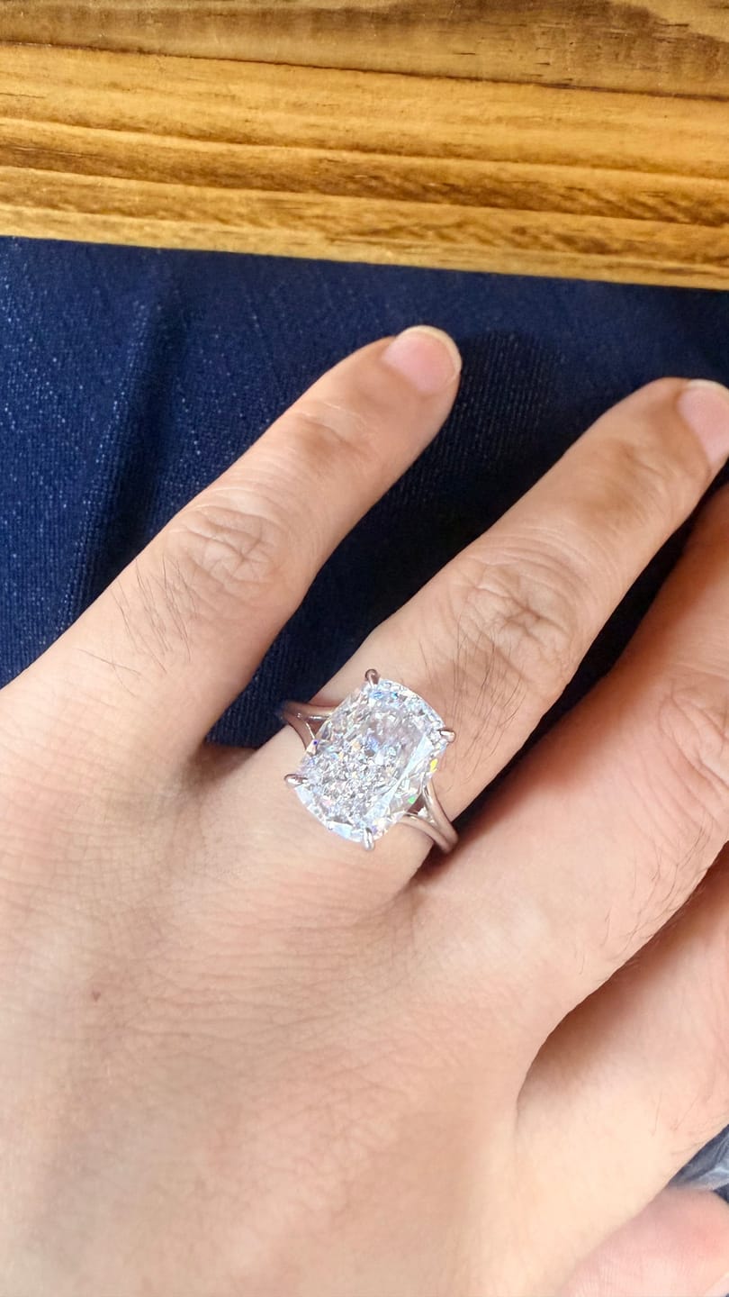 Customer photo review of S925 5.5Ct Cushion Cut Split Shank Engagement Ring Gold Plated Hidden Halo Bridal Ring For Everyday Wear