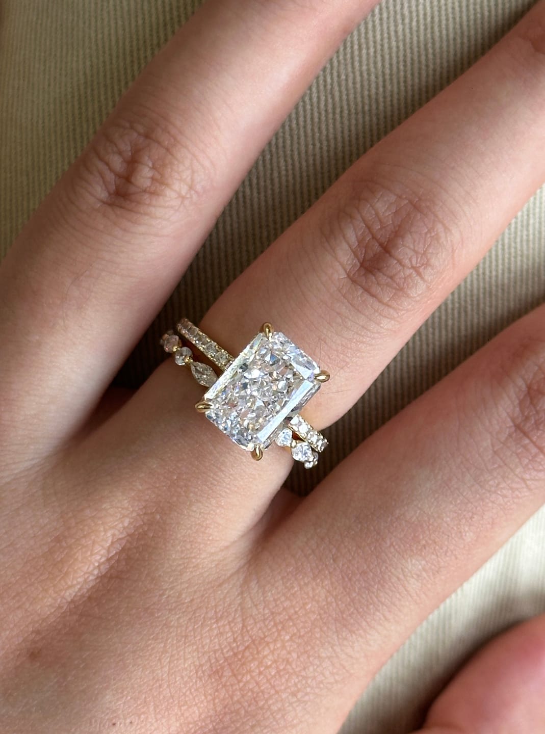 Customer photo review of S925 4.5Ct Radiant Cut Hidden Halo Wedding Set Brilliance in Every Angle Stackable RIngs