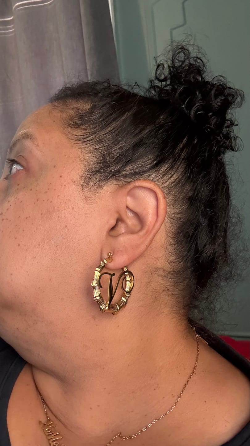Customer photo review of Bamboo Initial Hoop Earrings