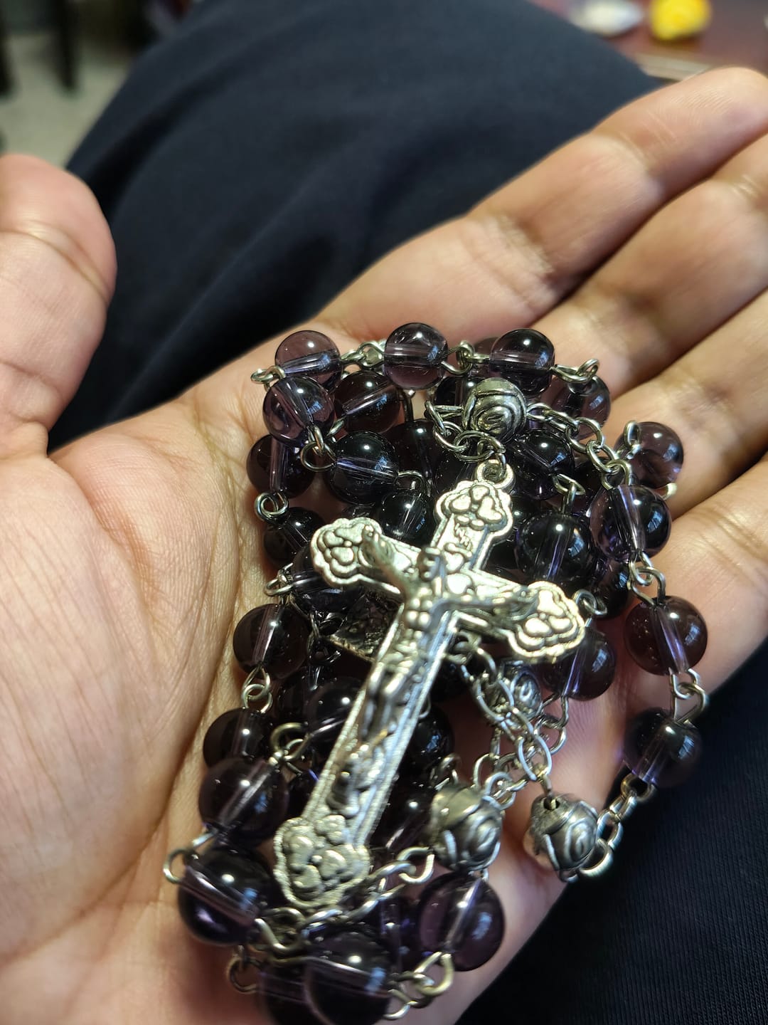 Customer photo review of Christianartworkshop Clear Purple Glass Beads Devotion Rosary with Rose Our Father Beads