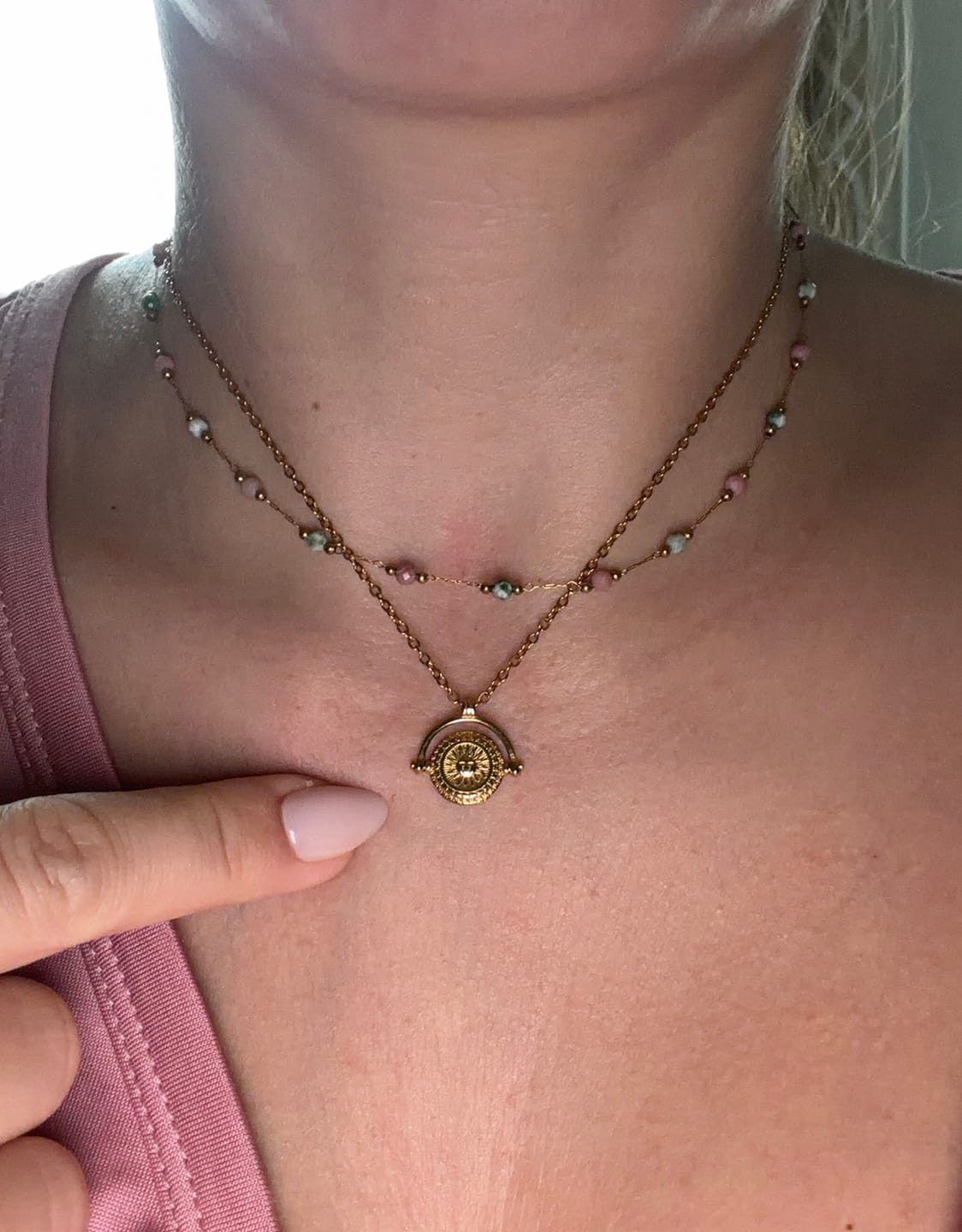Customer photo review of Golden Sun Coin Necklace