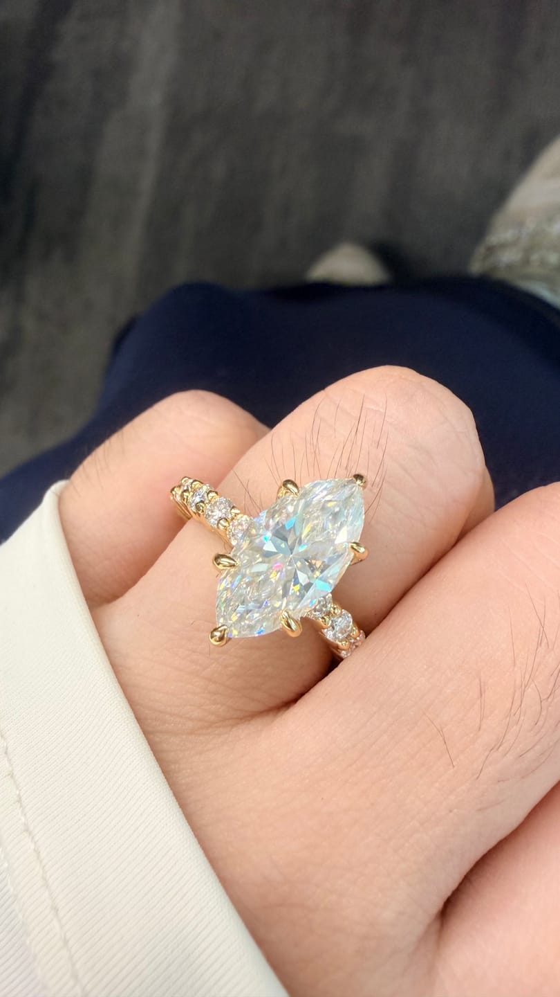 Customer photo review of S925 Moissanite 3.0 Ct Marquise Cut Side Stone Yellow Gold Engagement Ring/Wedding Set In Sterling Silver