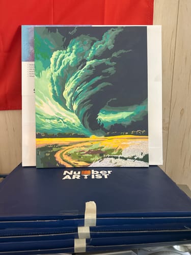 Customer's completed Paint by Numbers painting of a large green tornado over a field, propped on its box.