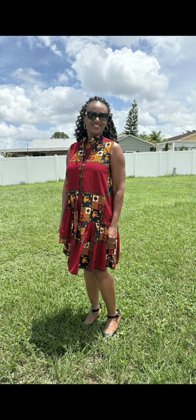 Customer photo review of LAILA AFRICAN PRINT SLEEVELESS TIERED BUTTON DRESS [RED]