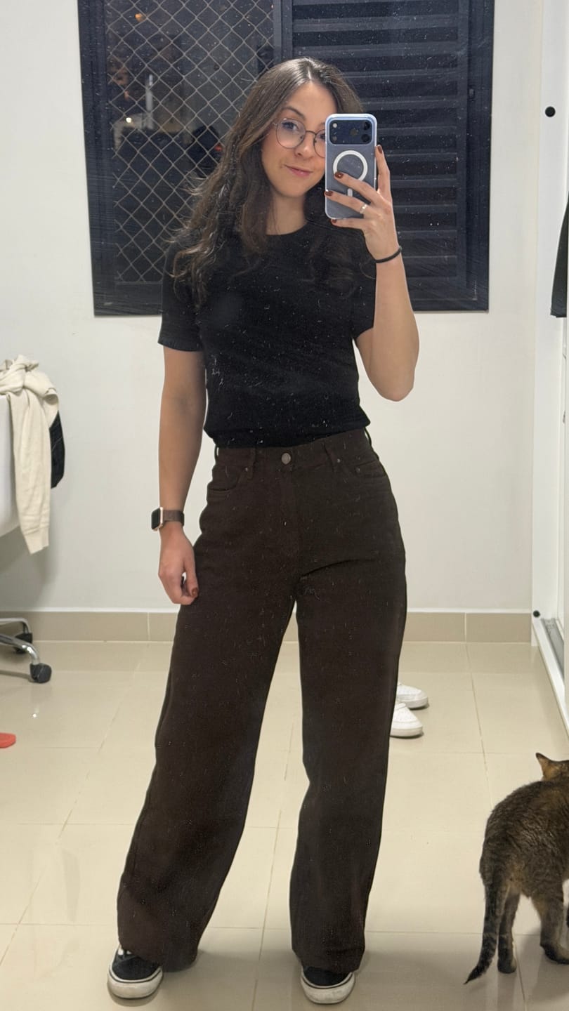 Customer photo review of Calça Jeans Wide Leg Buriti Marrom Escuro