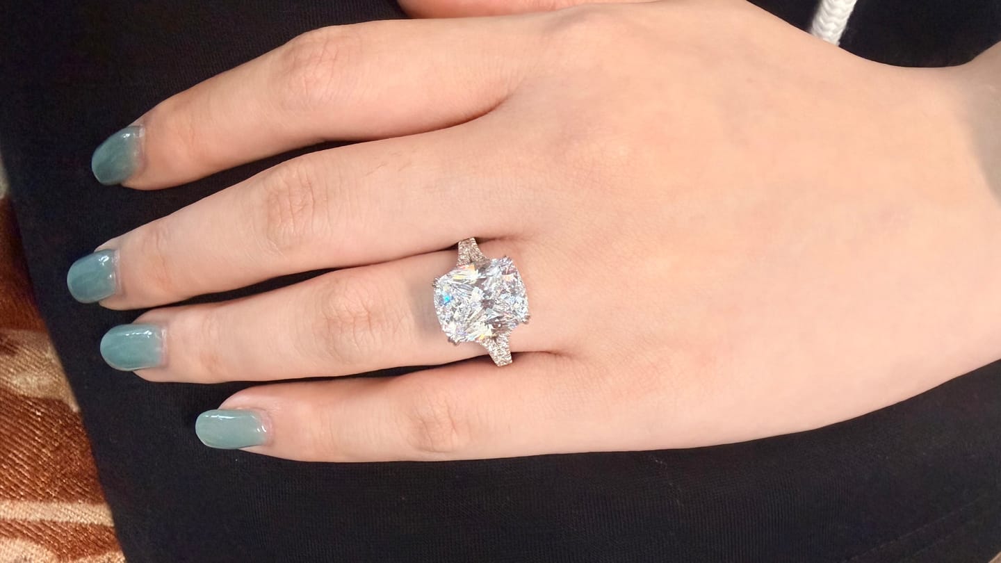 Customer photo review of S925 7.0Ct/4.0Ct Split Shank Cushion Cut Engagement Ring 18K White Gold Plated Travel Rings with Pavé Accents