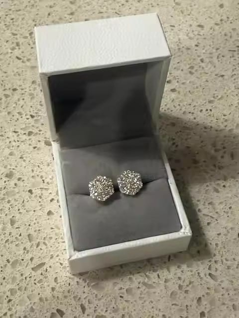 Customer photo review of VVS Moissanite Cluster Flower Stud Earrings 8MM-15MM Screw Back Hip Hop