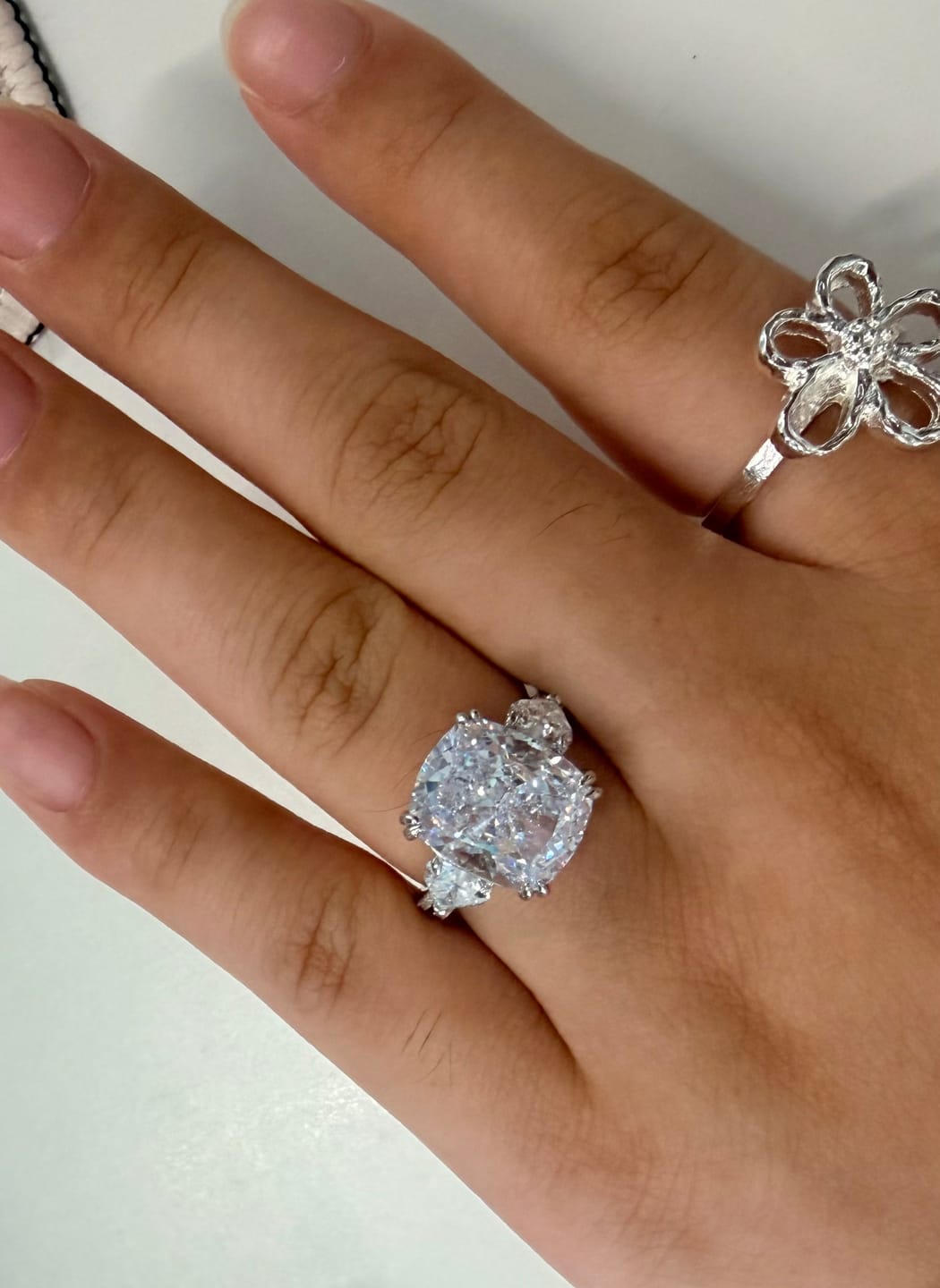 Customer photo review of S925 6.0Ct Cushion Cut Three Stone Engagement Ring Simulated or Moissanite Diamond Bridal Rings For Women