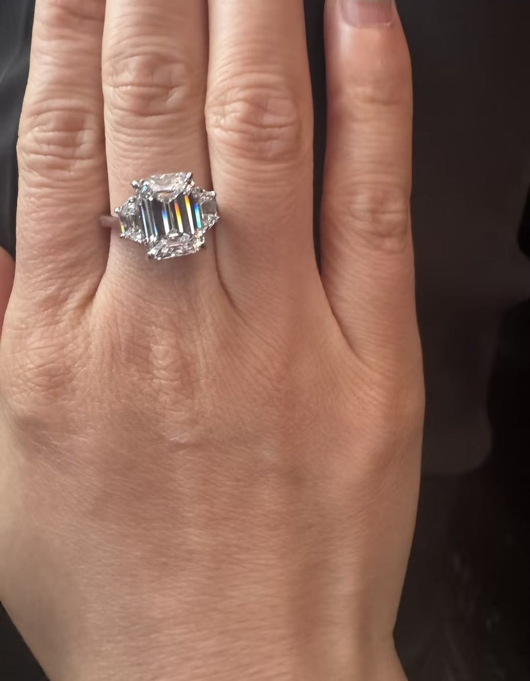 Customer photo review of S925 4.5 Carat Emerald Cut Three Stone Engagement Ring Anniversary Ring Gift