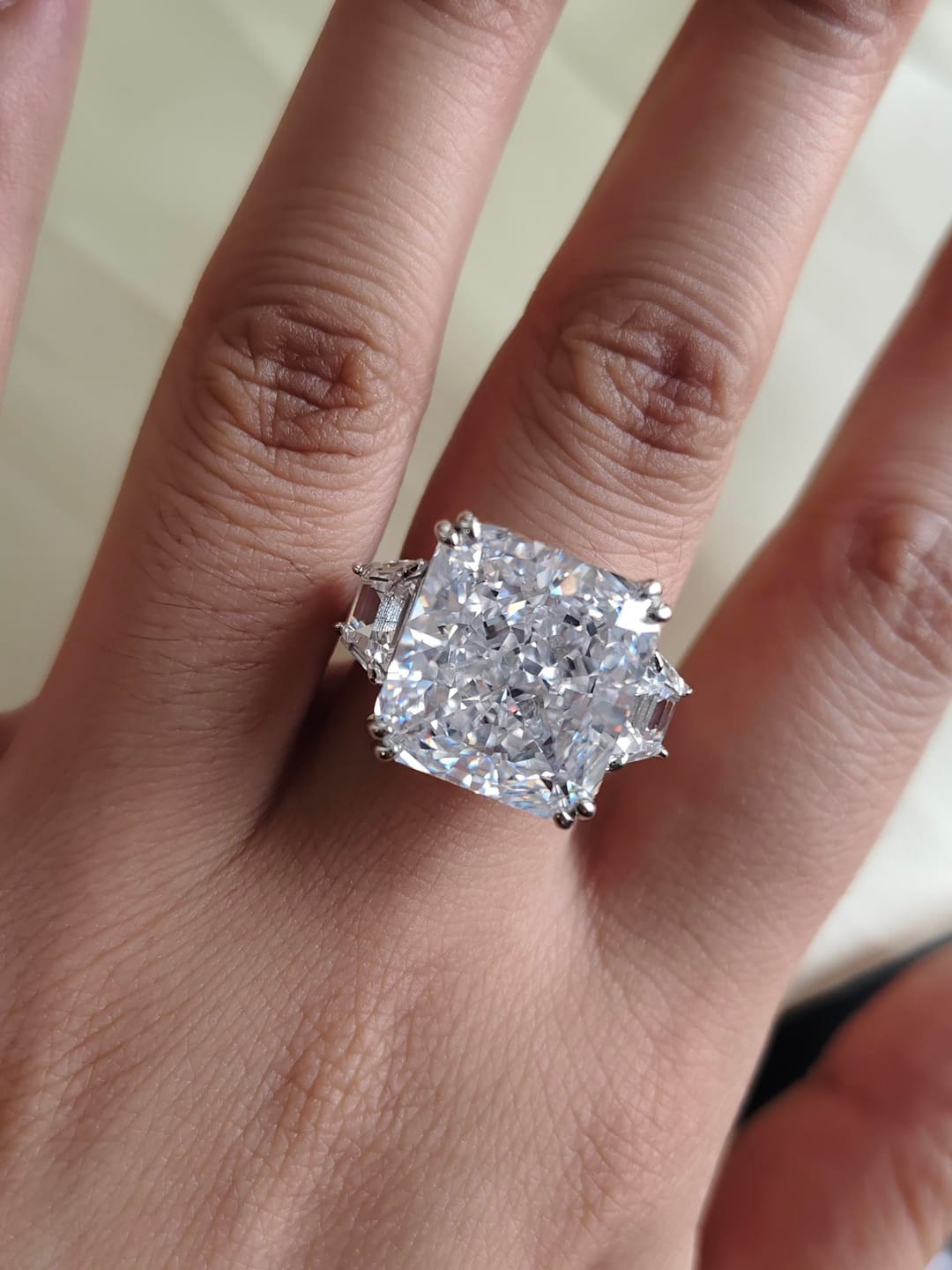 Customer photo review of S925 6.5/12.0 Ct Radiant Cut Crushed Ice Simulated Diamond Three-Stone Engagement Travel Ring