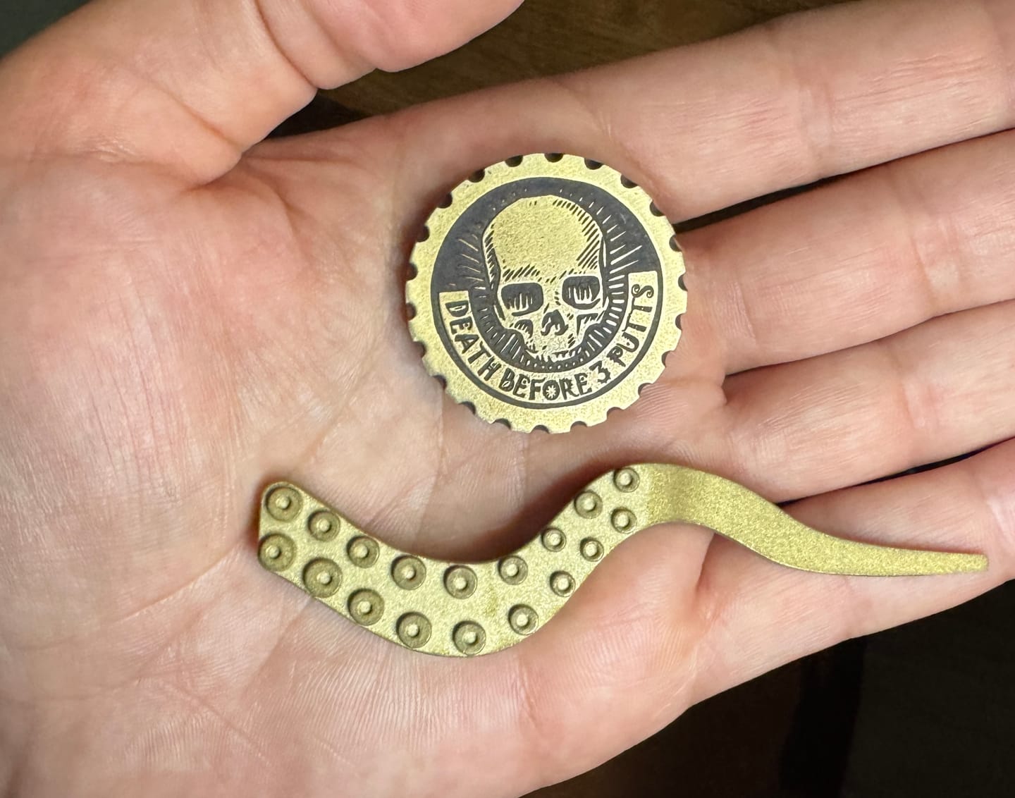 Customer photo review of Death Before 3 Putts - Brass EDC Marker