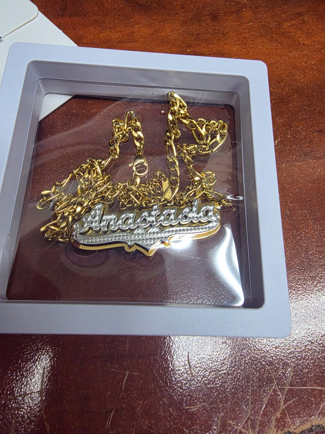 Customer photo review of Double Plated Pop Out Heart Name Necklace w/ Figaro Chain
