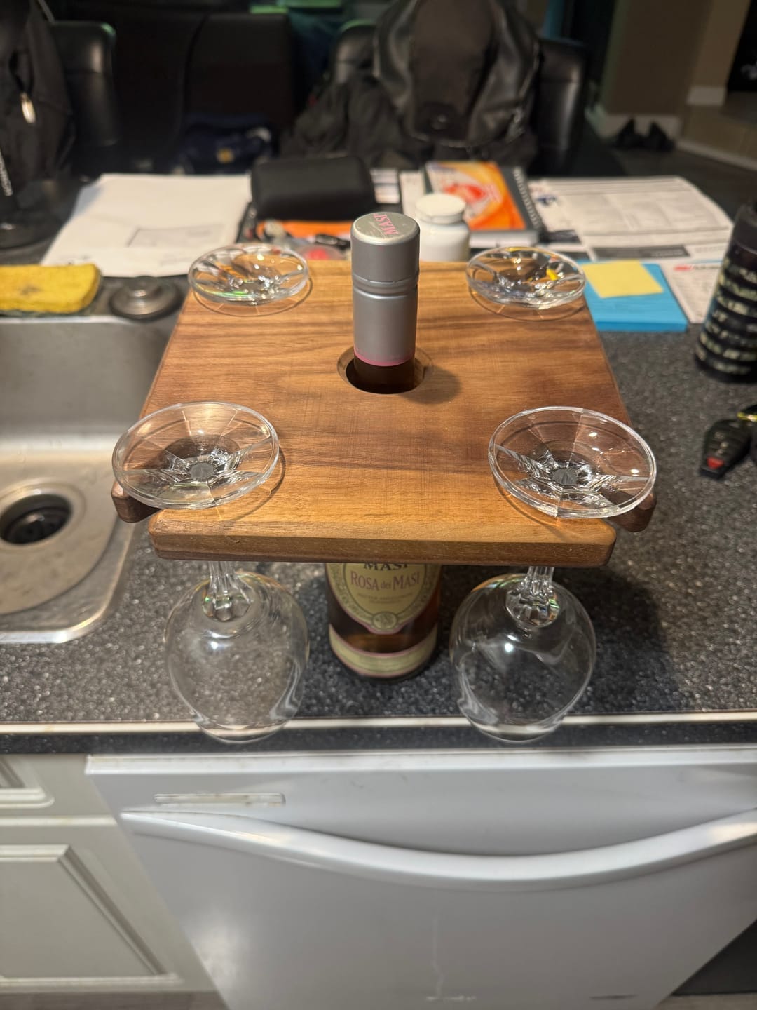 Customer photo review of 9x9" Four Glass Wine Caddy 3 Acrylic Router Template