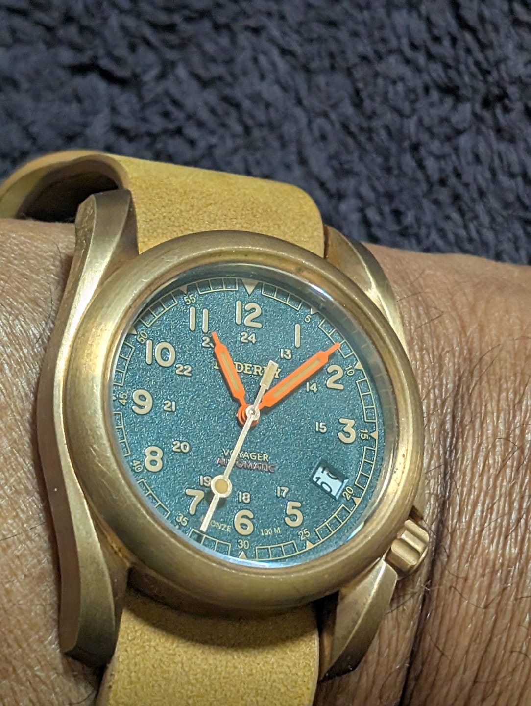 Customer photo review of VOYAGER - 100M Waterproof Bronze Automatic Field Watch | Sandstone Green