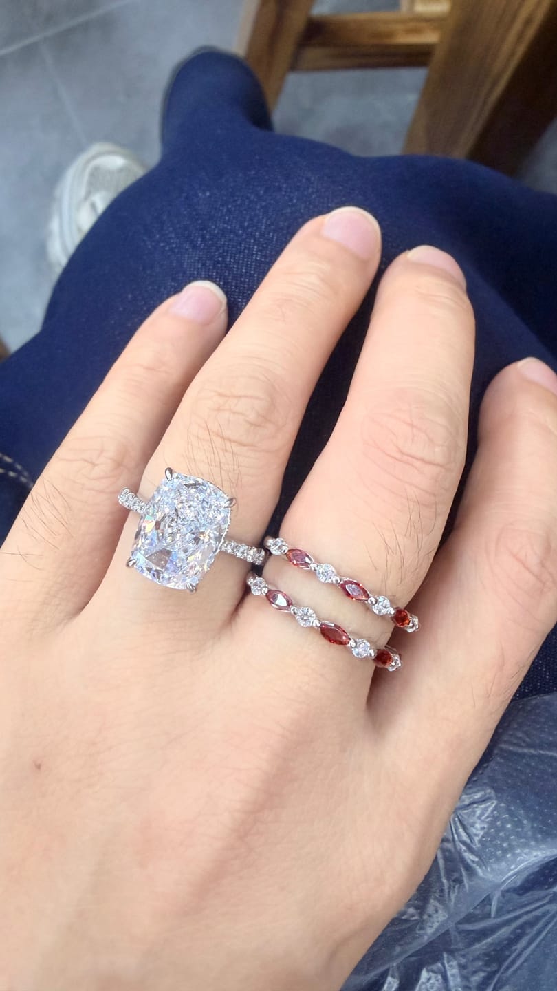 Customer photo review of S925 6.5Ct Cushion Cut Insert Wedding Ring Set With Unique White & Blue/Red Stone Engagement Ring Enhancer
