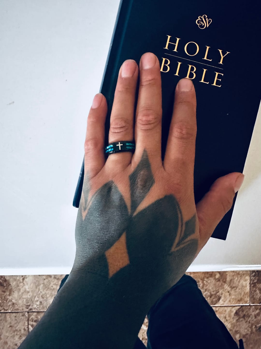 Customer photo review of FREE Today: Modern Titanium Steel Cross Ring with Laser Blue Inlay: Serenity in Christ's Blue Light