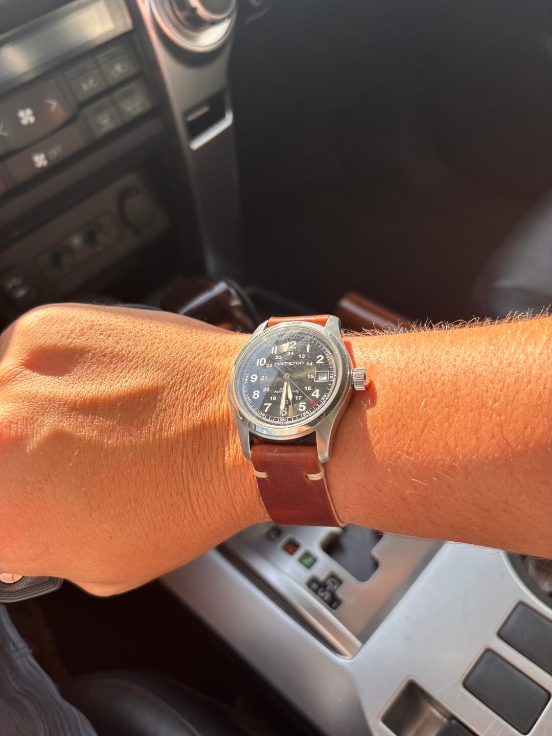 Customer photo review of Horween English Tan Dublin Leather Watch Strap, Natural Thread
