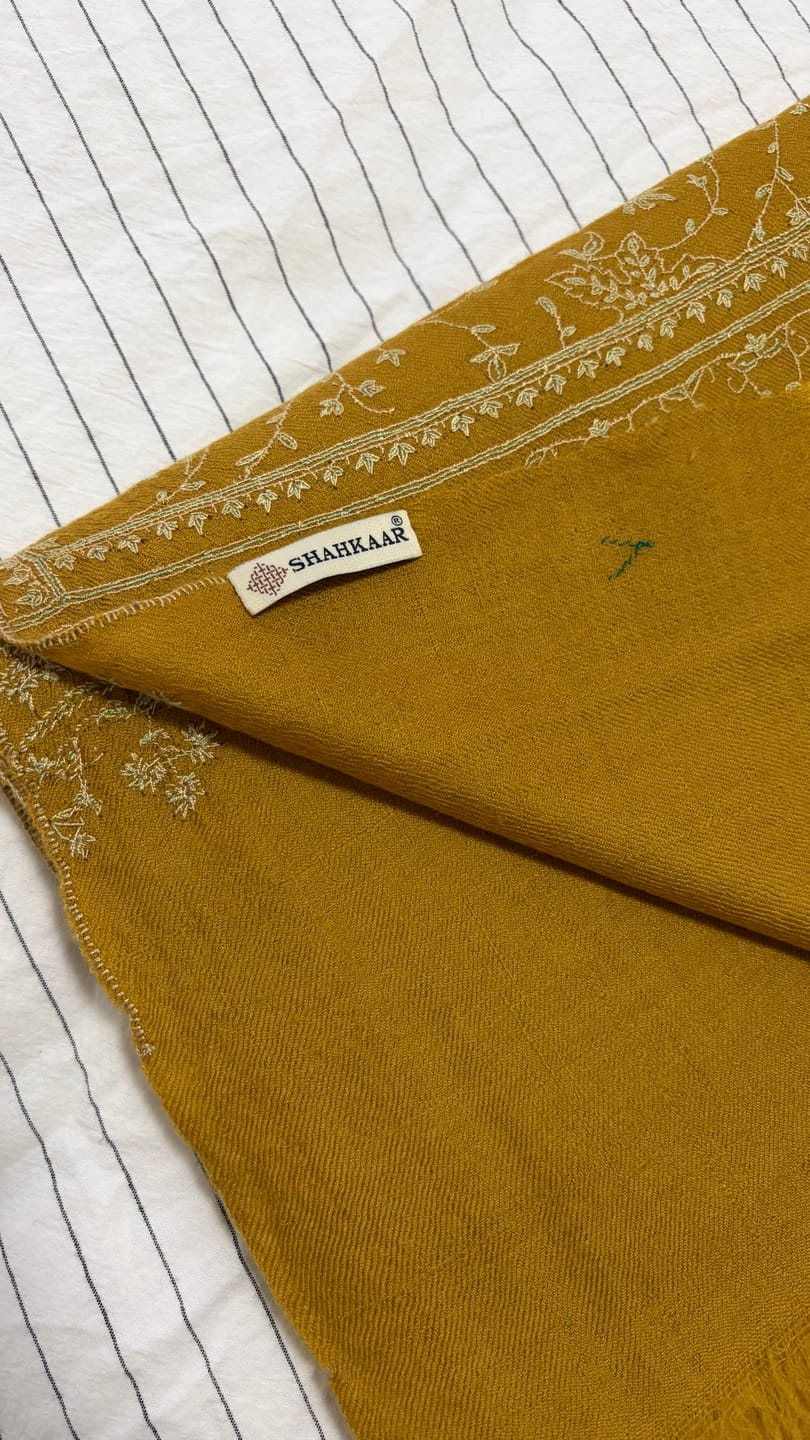 Customer photo review of Golden Yellow Baby Soft Cashmere Scarf with Jali Hand Embroidery – Artisan Luxury