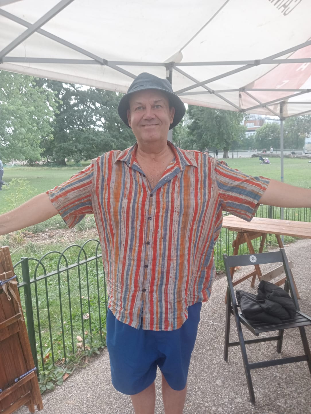 Customer photo review of Men's Casual Retro Multicolor Striped Holiday Button Up Short Sleeve Shirt