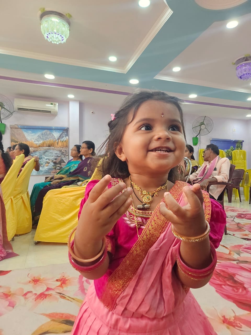 Customer photo review of Baby pink and festive pink traditional Ready to wear saree for Baby Girl /  Kids