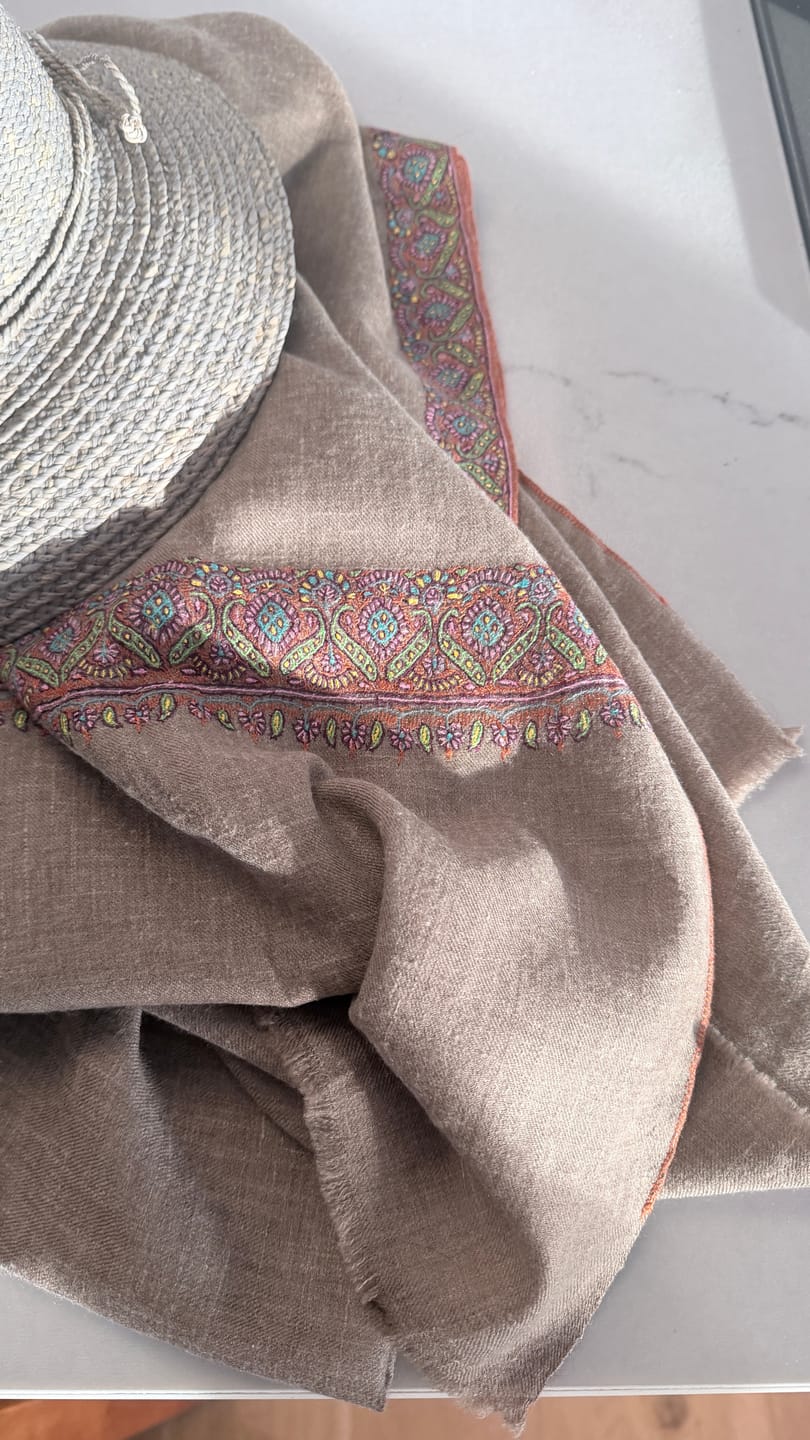 Customer photo review of Taupe Traditional Neemdaur Needlework Pashmina Shawl
