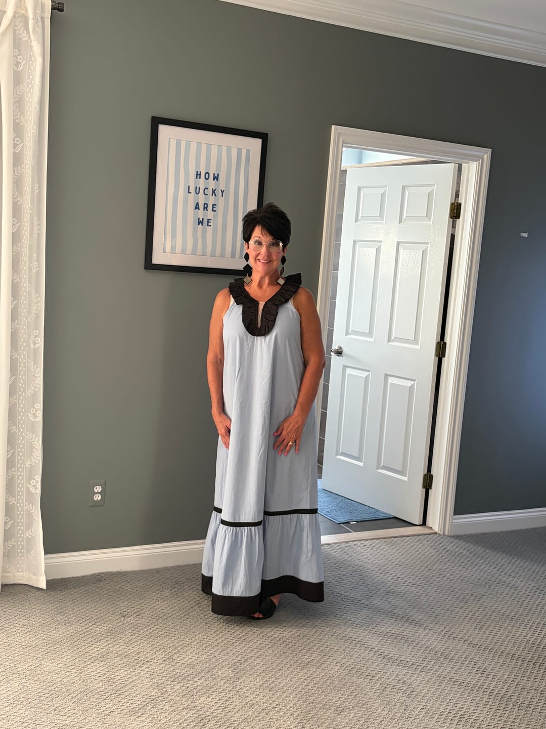 Customer photo review of A-Line Loose Contrast Color Pleated Ruffle Trim Split-Joint V-Neck Maxi Dresses