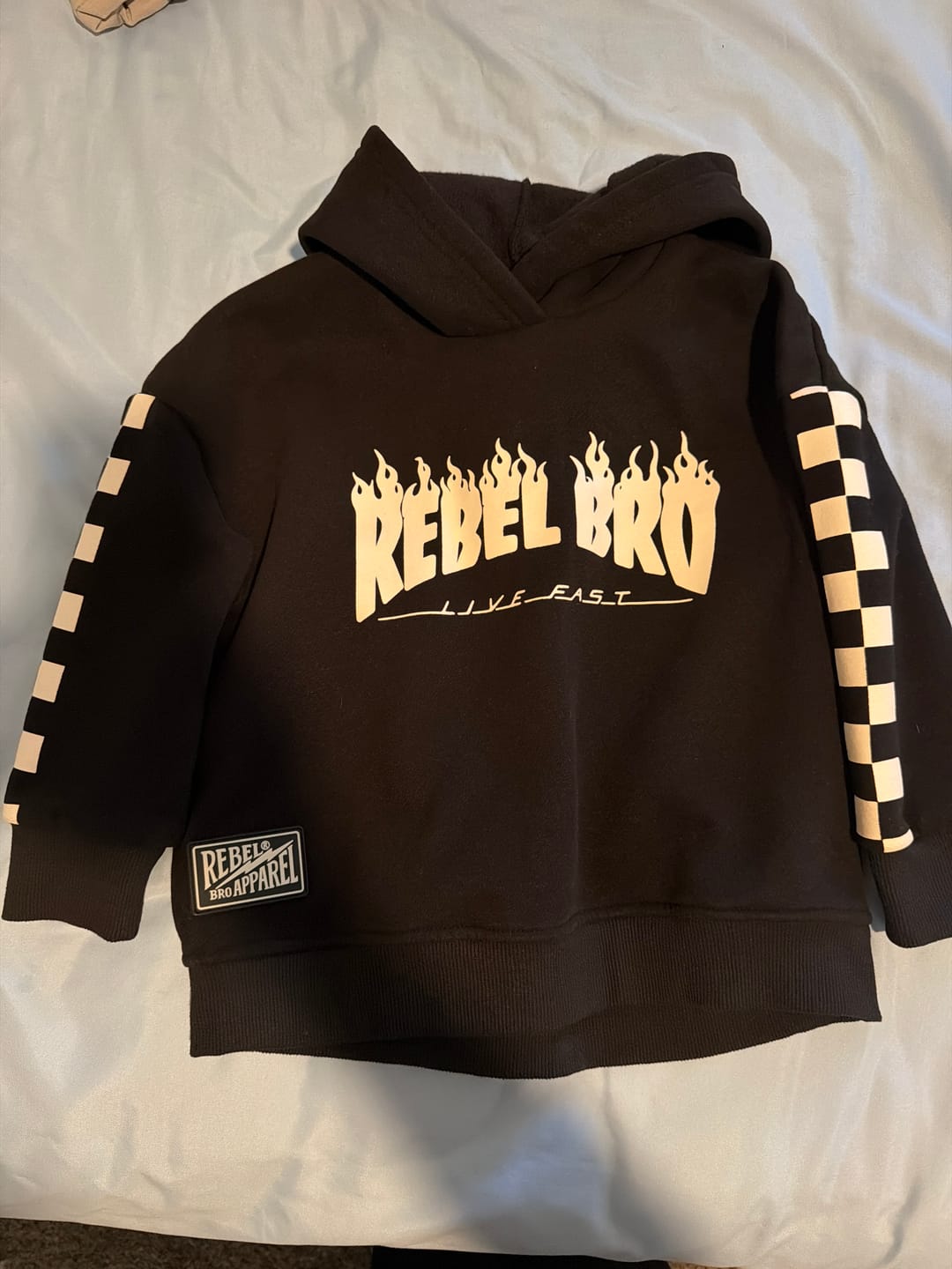 Customer photo review of Relaxed Fit Hoodie in Rebel Bro x Live Fast Flames