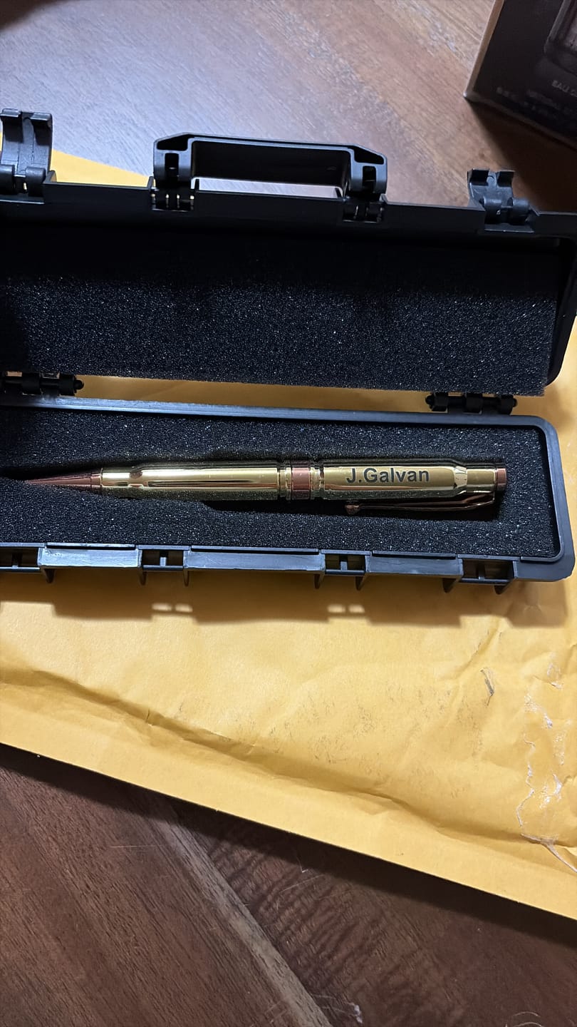 Customer photo review of .308 Real Bullet Casing Refillable Twist Pen - Tactical Gift Box - Polished Brass
