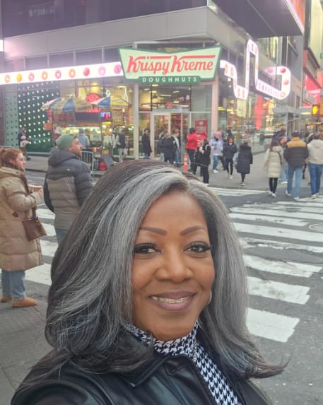 Customer photo review of Luvwin  Salt And Pepper Kinky Wave More Pepper With Salt  Glueless Wig For Mature Women