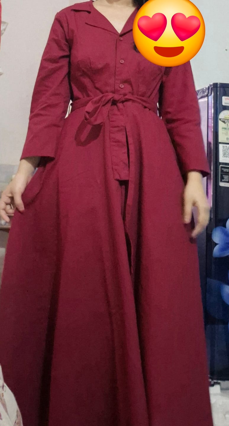 Customer photo review of Women Maroon Airy Linen Flared Dress
