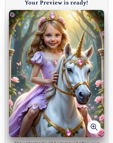 Customer's artwork for The Lavender Unicorn Princess, showing a child in a lavender dress riding a white unicorn.