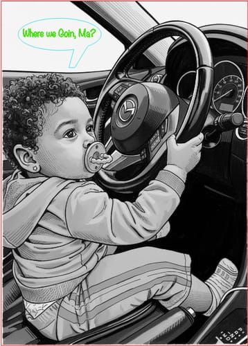 Reviewer's detailed laser-engraved portrait of a toddler in a driver's seat, made with the AtomStack P1.