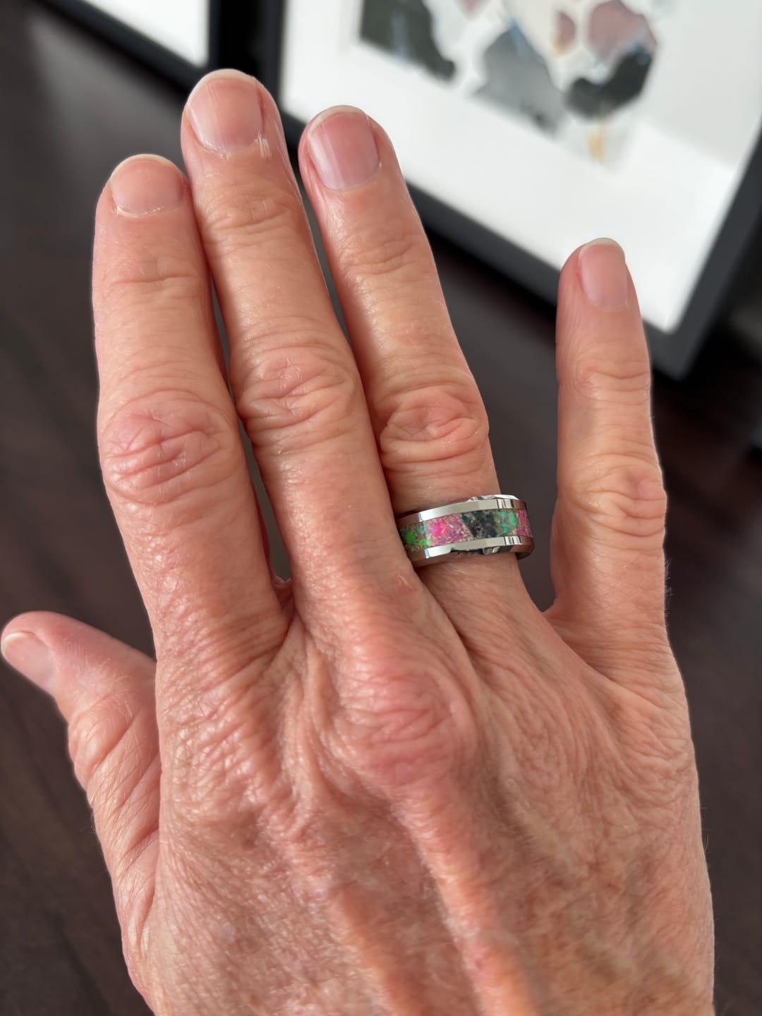 Customer photo review of Tungsten Opal Ring with Cremation Ashes