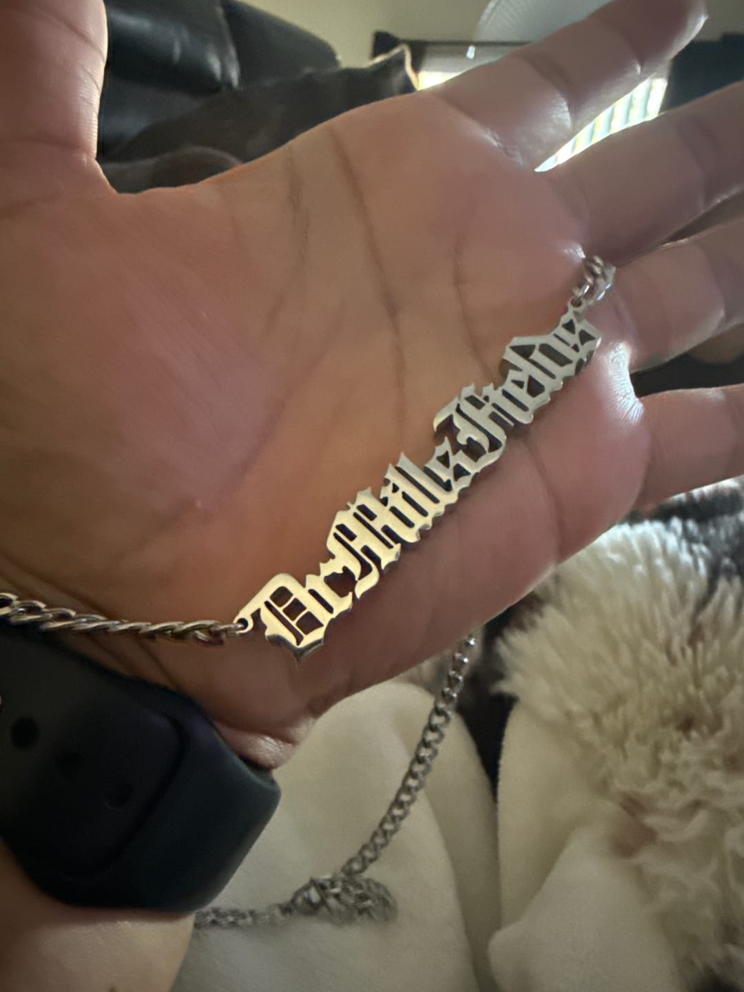 Customer photo review of Thick Gothic Nameplate Necklace w/ Cuban Chain