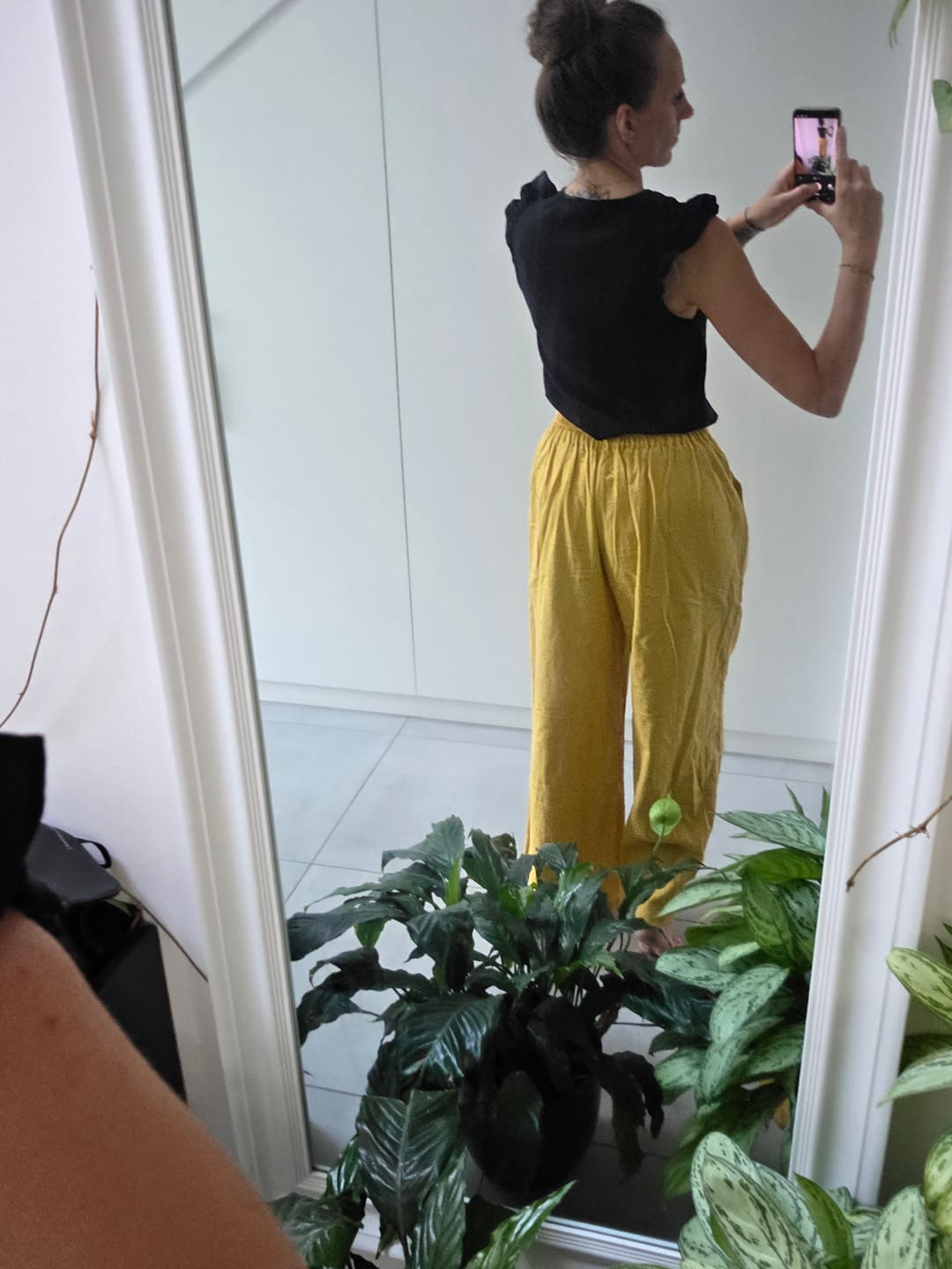 Customer photo review of Buddha Stones – Unifarbene Hose aus Baumwollleinen mit hoher Taille und weitem Bein und Taschen