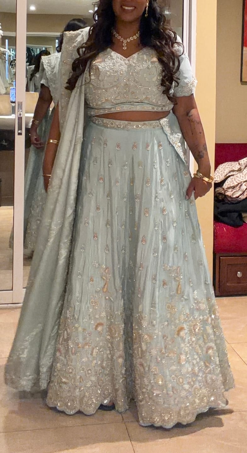 Customer photo review of Baby Blue Tissue Lehenga Choli with Beads & Sequins work