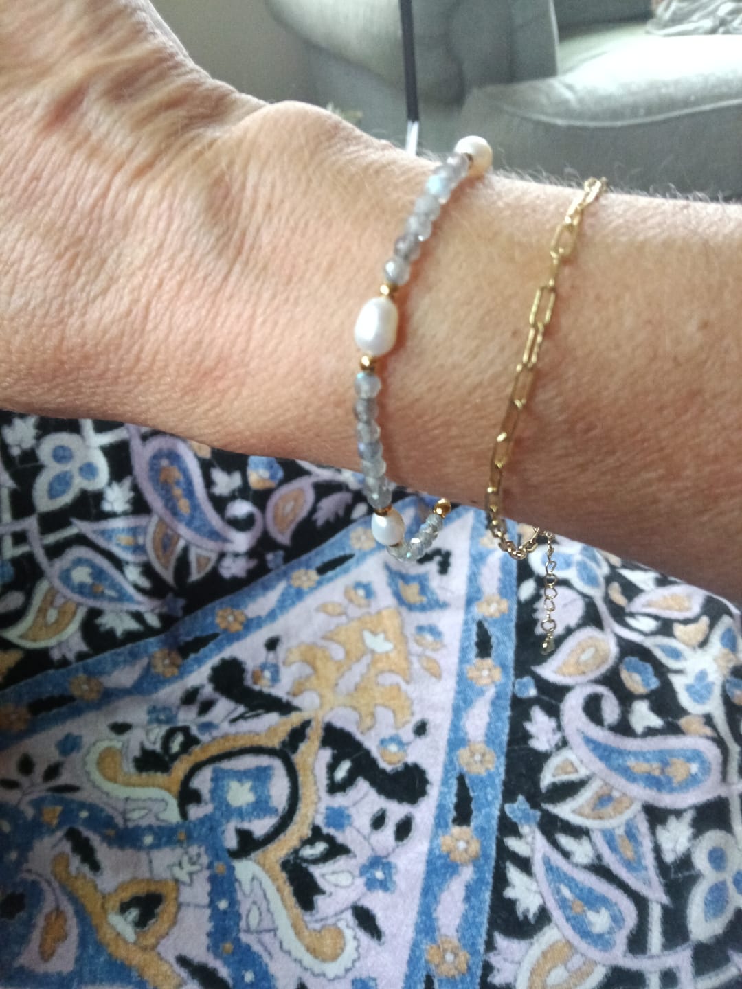 Customer photo review of Moonstone & Pearl Bead Bracelet
