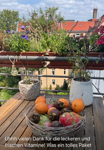 Ein Kunde präsentiert die frischen Früchte aus der Exotische Früchtebox in einer Schale auf einem Balkontisch.