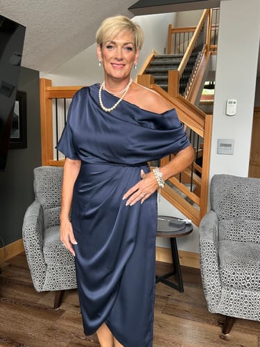 Customer photo review of Rayna One Shoulder Draped Dress in Blue by Theia Couture - RENTAL