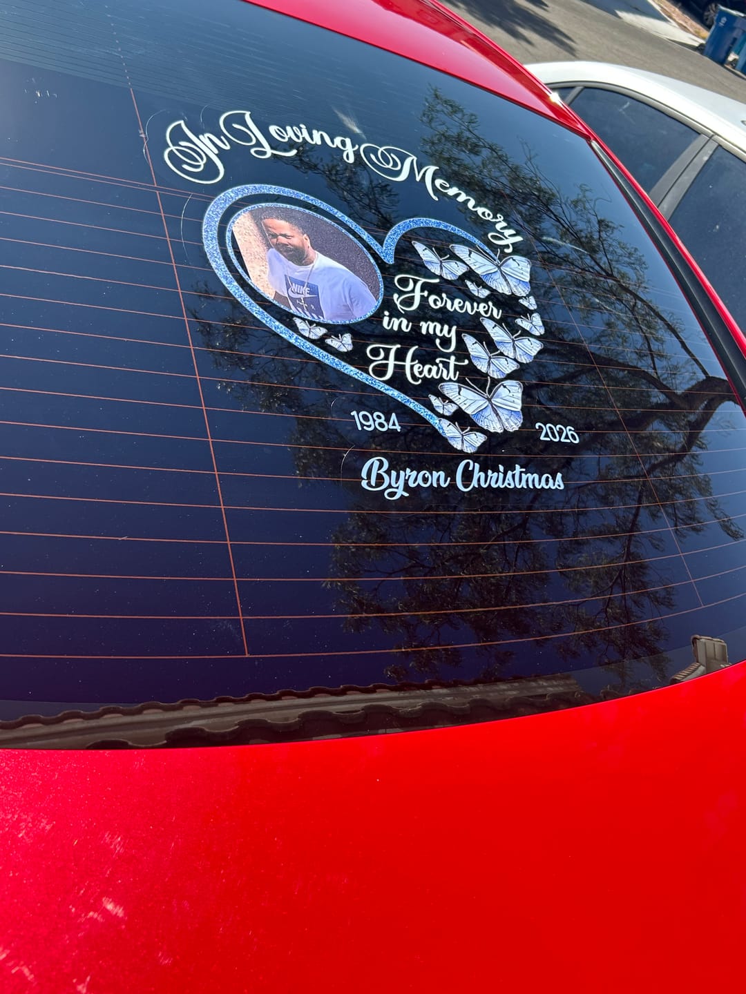 Customer photo review of In Loving Memory Sparkling Heart Memorial Butterflies Personalized Decal