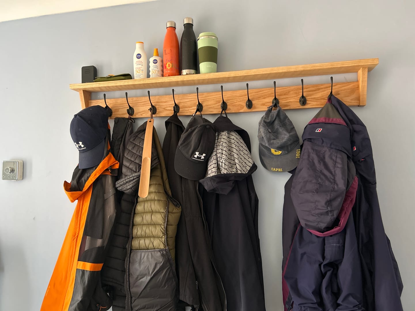 Customer photo review of Solid Oak Coat Rack With Storage Shelf
